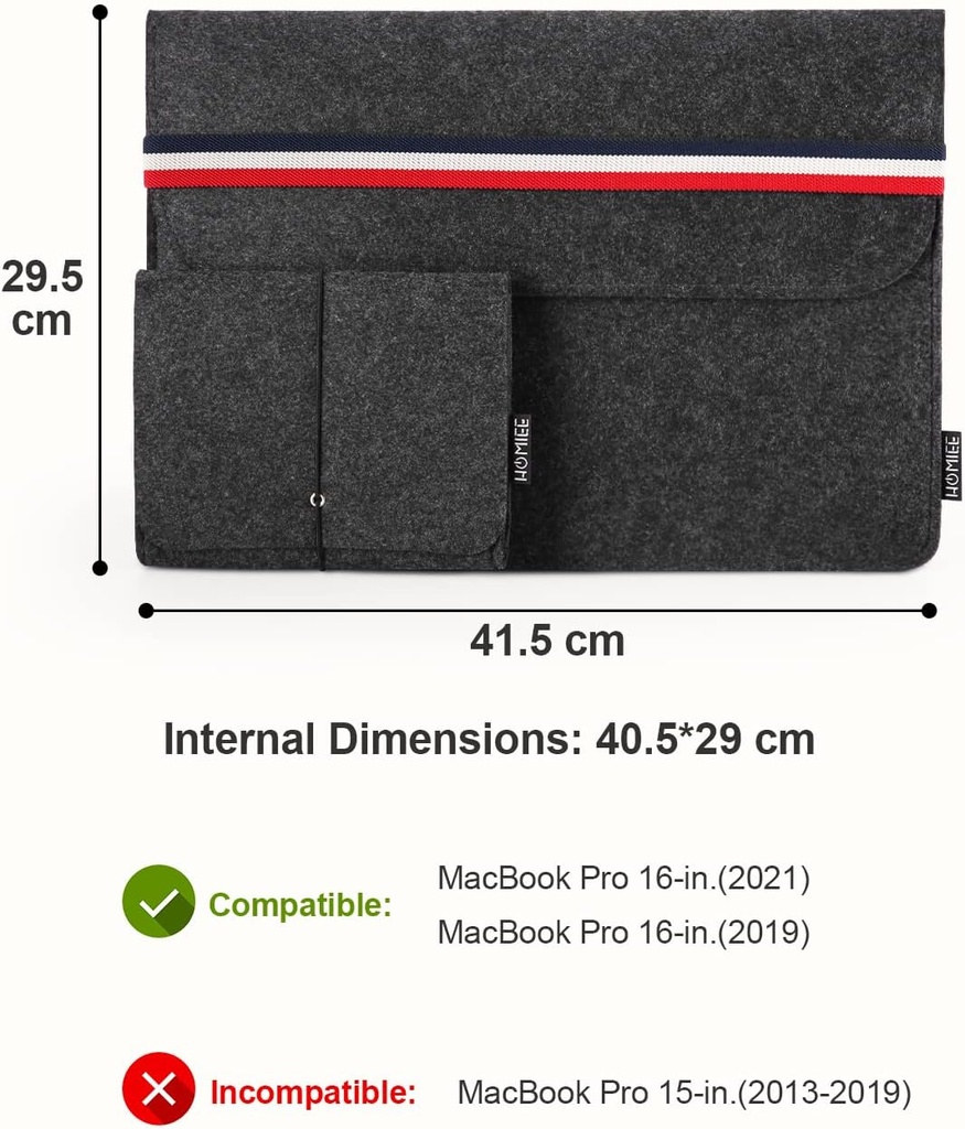 HOMIEE Housse Protectrice en Feutre  avec Pochette Additionnelle en Feutre pour Ordinateur Portable 15.4-15.6 