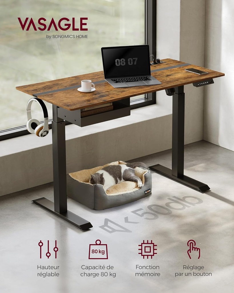 VASAGLE Bureau Électrique, Assis-Debout, Surface 60 x 120 cm