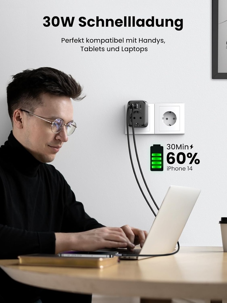 UGREEN Adaptateur de prise 30 W avec USB C GaN Fast 4-en-1
