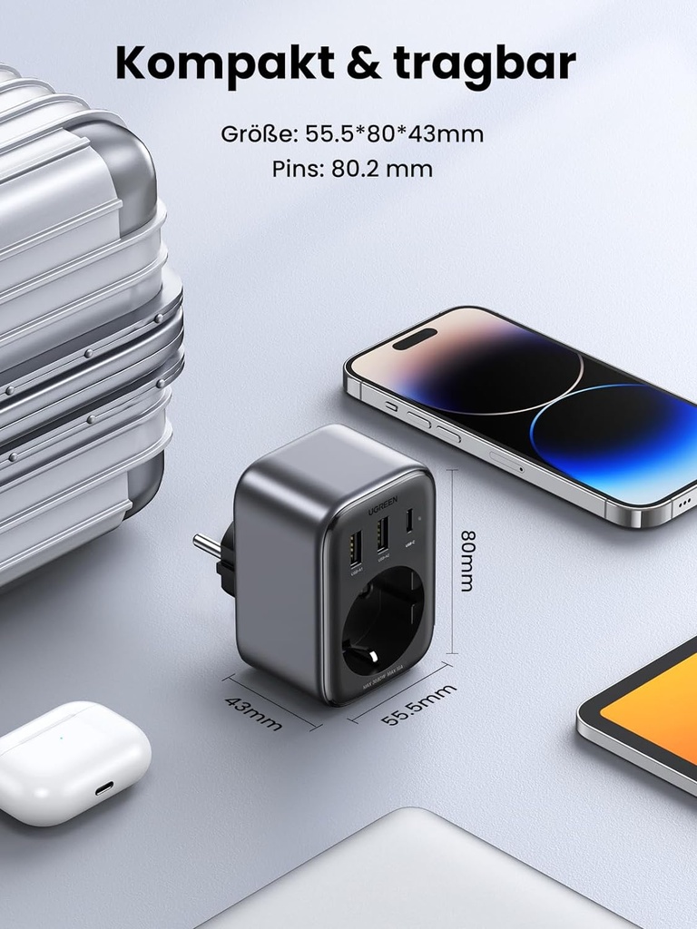 UGREEN Adaptateur de prise 30 W avec USB C GaN Fast 4-en-1