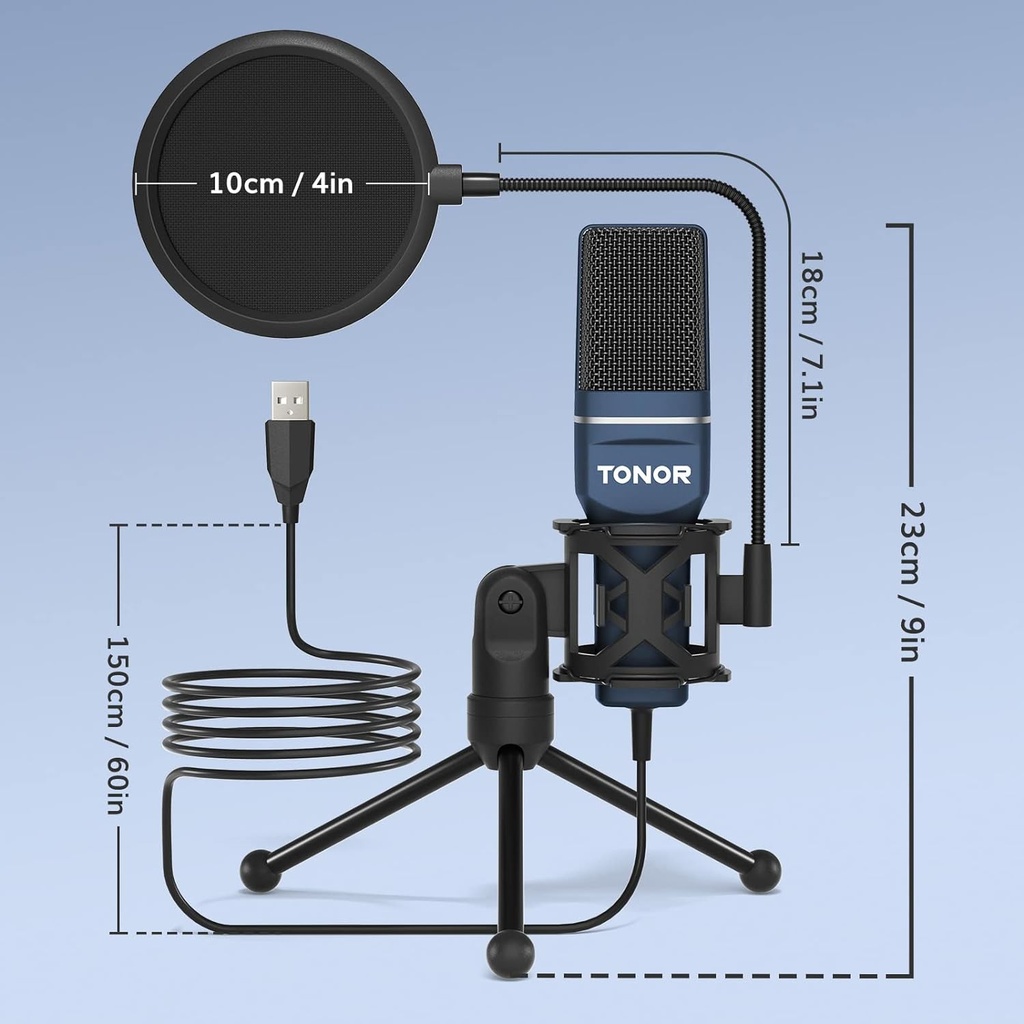 TONOR Microphone USB à Cardioïde Condensateur pour PC Micro avec Trépied et Filtre Anti-Pop