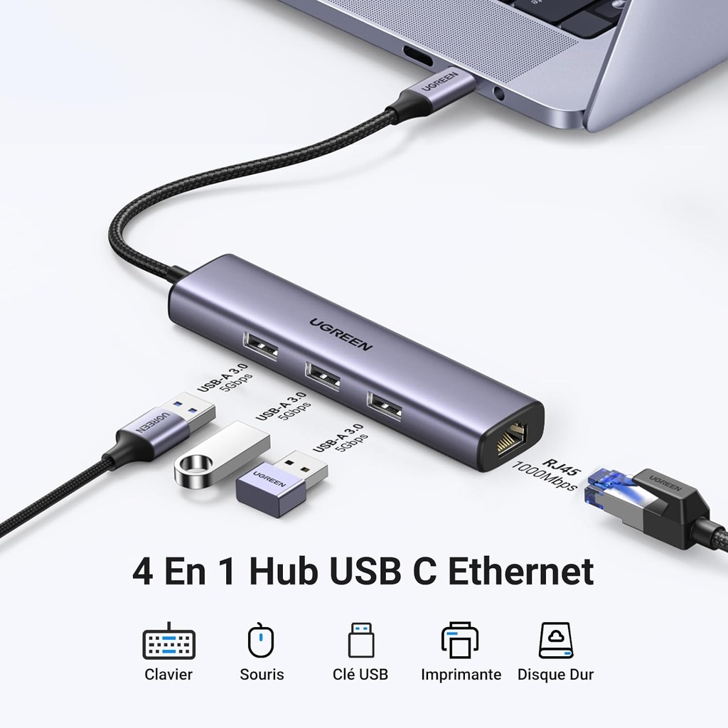 UGREEN Hub USB C Ethernet Gigabit Adaptateur USB C vers RJ45 Réseau avec 3 Ports USB 3.0 5Gbps