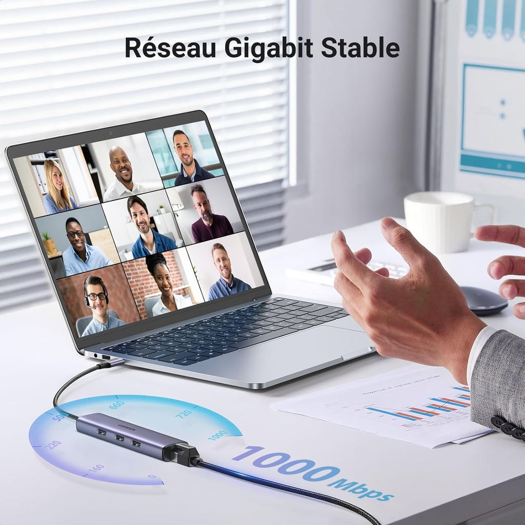 UGREEN Hub USB C Ethernet Gigabit Adaptateur USB C vers RJ45 Réseau avec 3 Ports USB 3.0 5Gbps