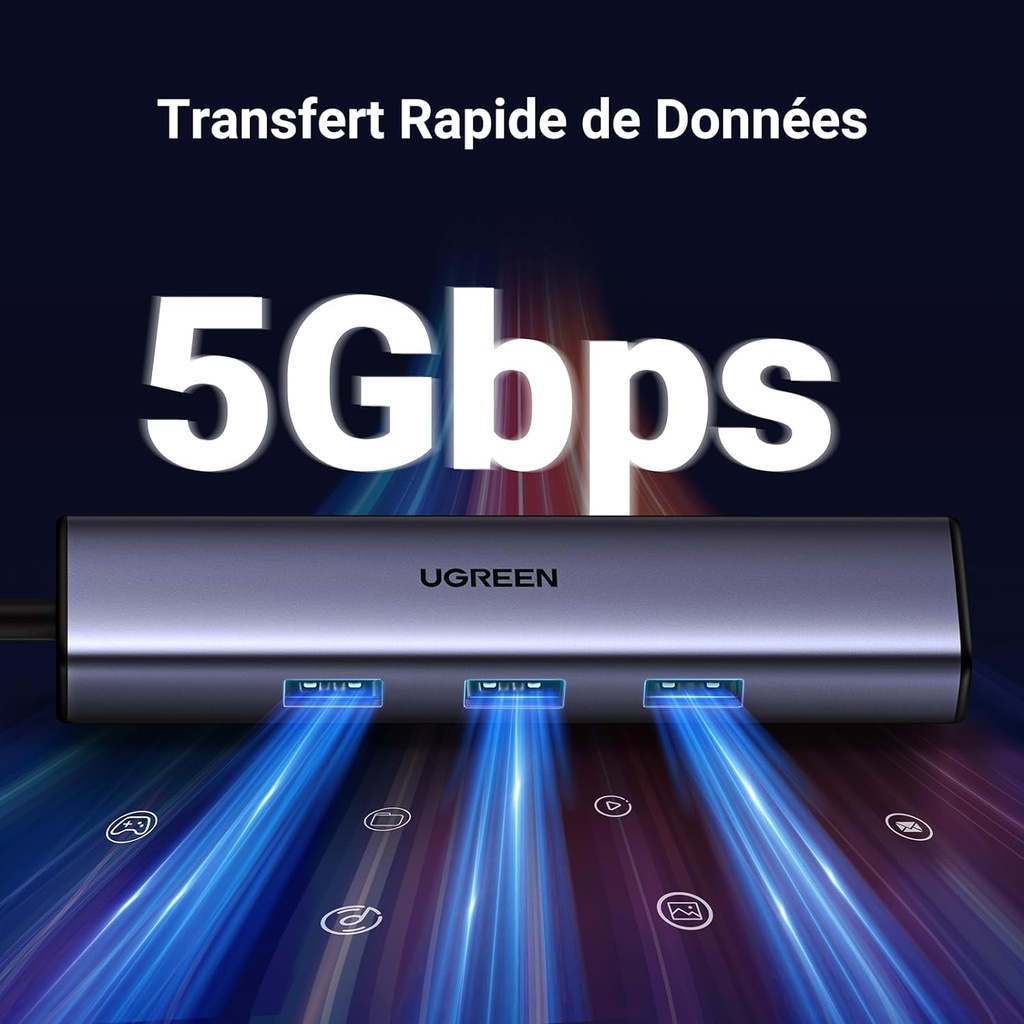 UGREEN Hub USB C Ethernet Gigabit Adaptateur USB C vers RJ45 Réseau avec 3 Ports USB 3.0 5Gbps