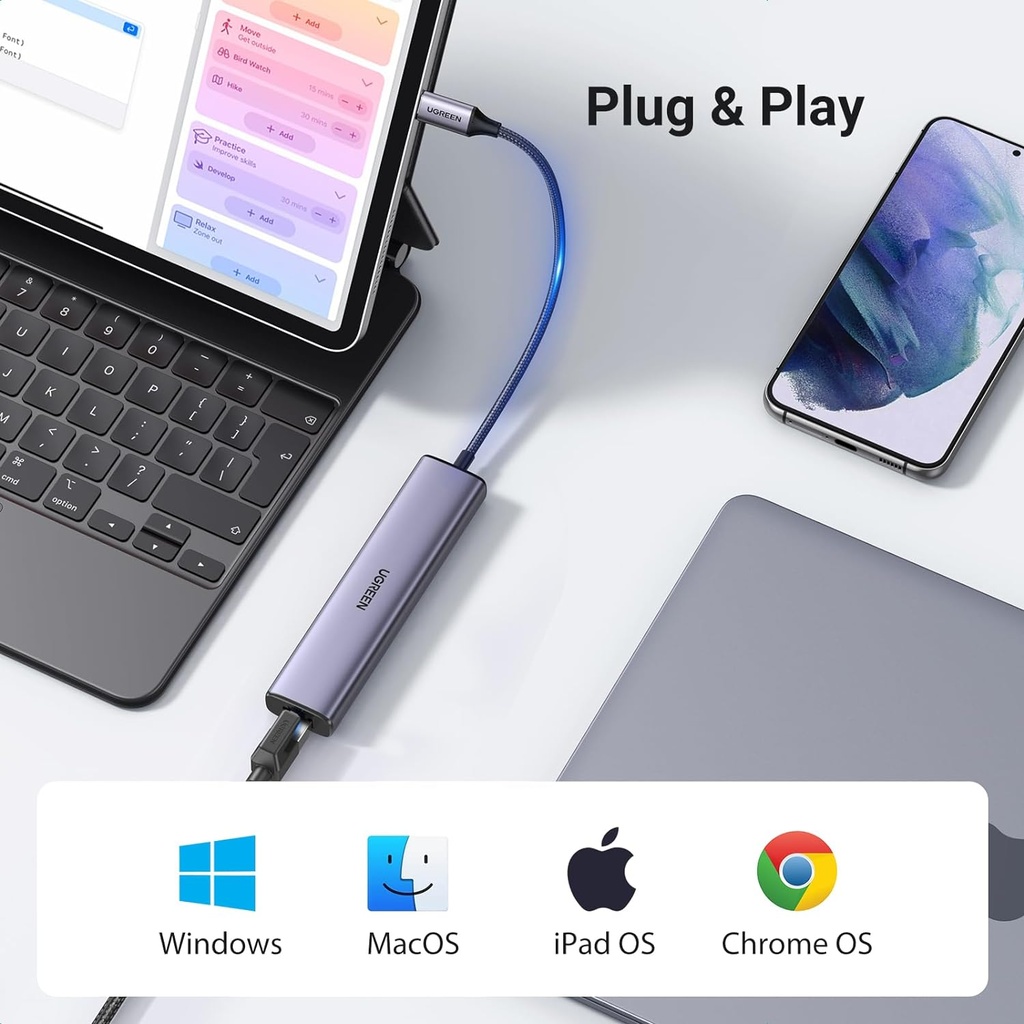 UGREEN Hub USB C Ethernet Gigabit Adaptateur USB C vers RJ45 Réseau avec 3 Ports USB 3.0 5Gbps