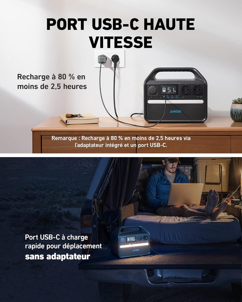Station électrique portable Anker 535, Générateur Électrique Portable 512Wh avec Batterie LiFePO4, 500W 7 Ports