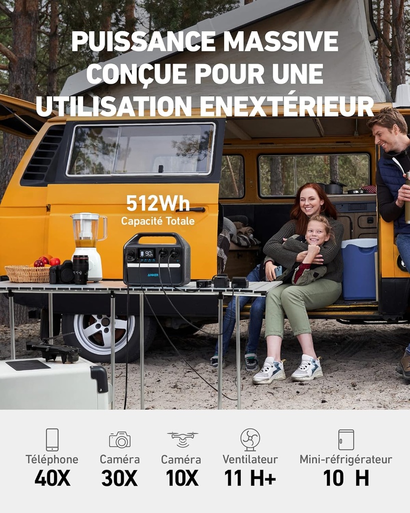 Station électrique portable Anker 535, Générateur Électrique Portable 512Wh avec Batterie LiFePO4, 500W 7 Ports