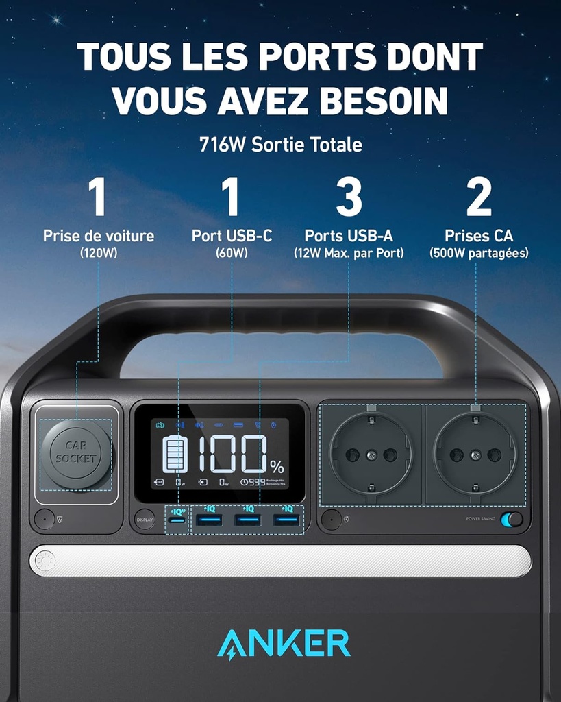Station électrique portable Anker 535, Générateur Électrique Portable 512Wh avec Batterie LiFePO4, 500W 7 Ports