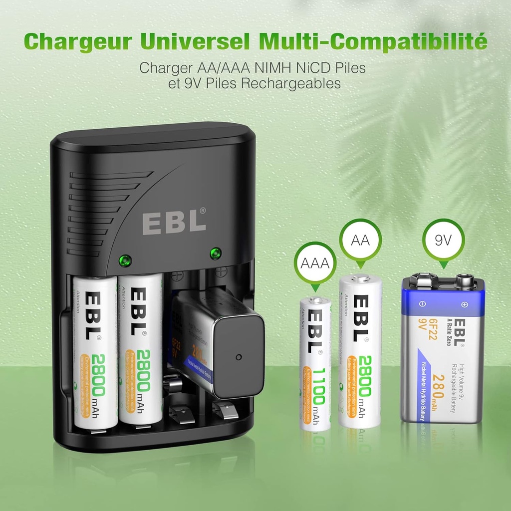 EBL Chargeur Universel de Piles, Chargeur Universel avec 4PCS AA Piles Rechargeables