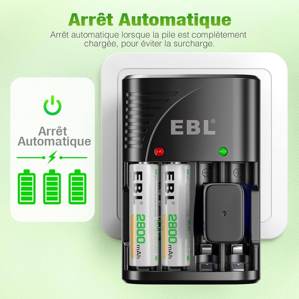 EBL Chargeur Universel de Piles, Chargeur Universel avec 4PCS AA Piles Rechargeables