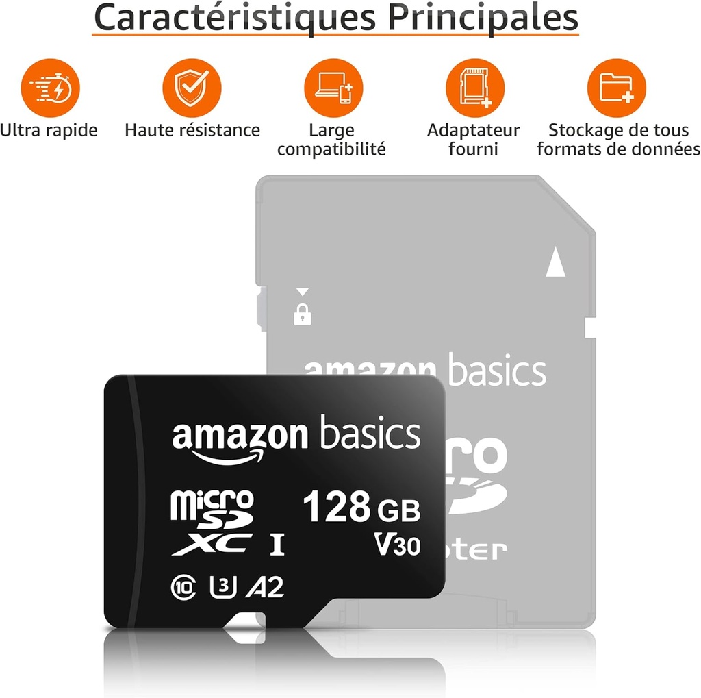 Amazon Basics Carte Mémoire MicroSDXC, 128 GB, avec Adaptateur SD, A2, U3, vitesse de lecture maximale de 100 Mo/s, Noir