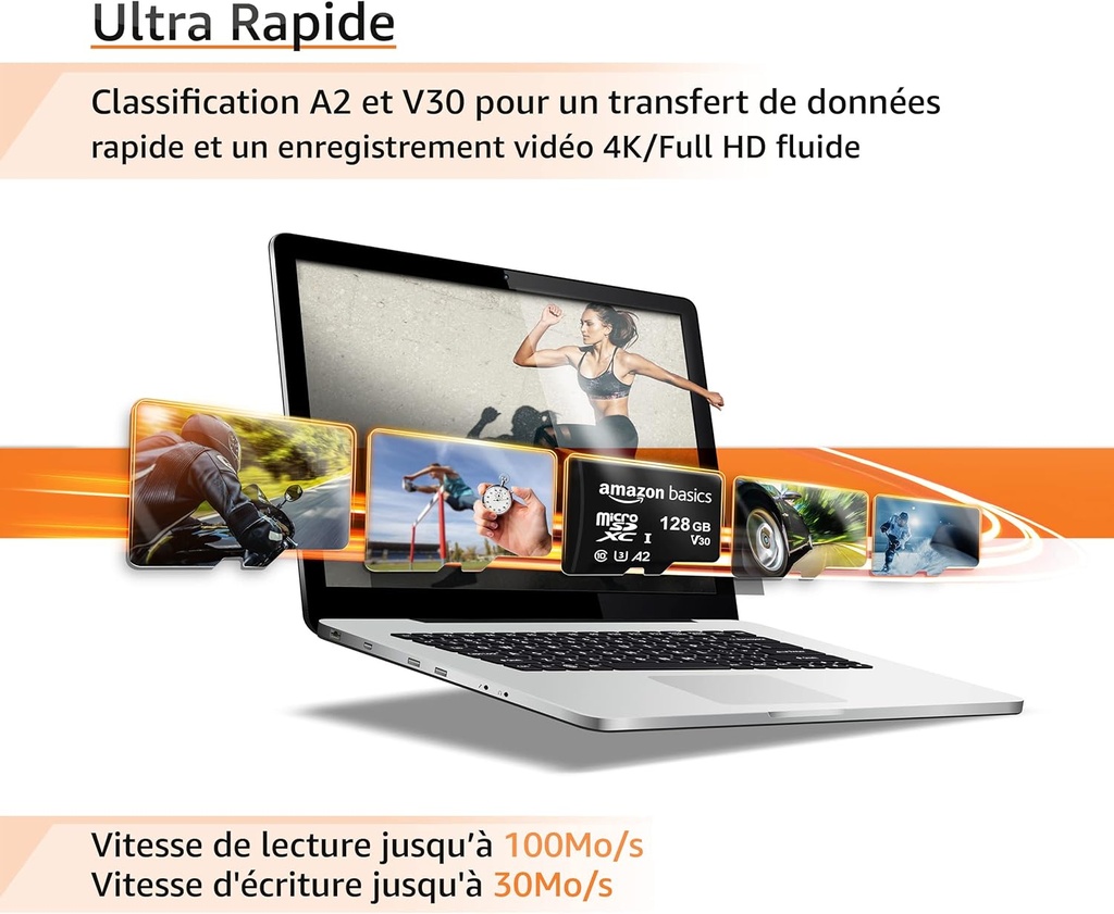 Amazon Basics Carte Mémoire MicroSDXC, 128 GB, avec Adaptateur SD, A2, U3, vitesse de lecture maximale de 100 Mo/s, Noir
