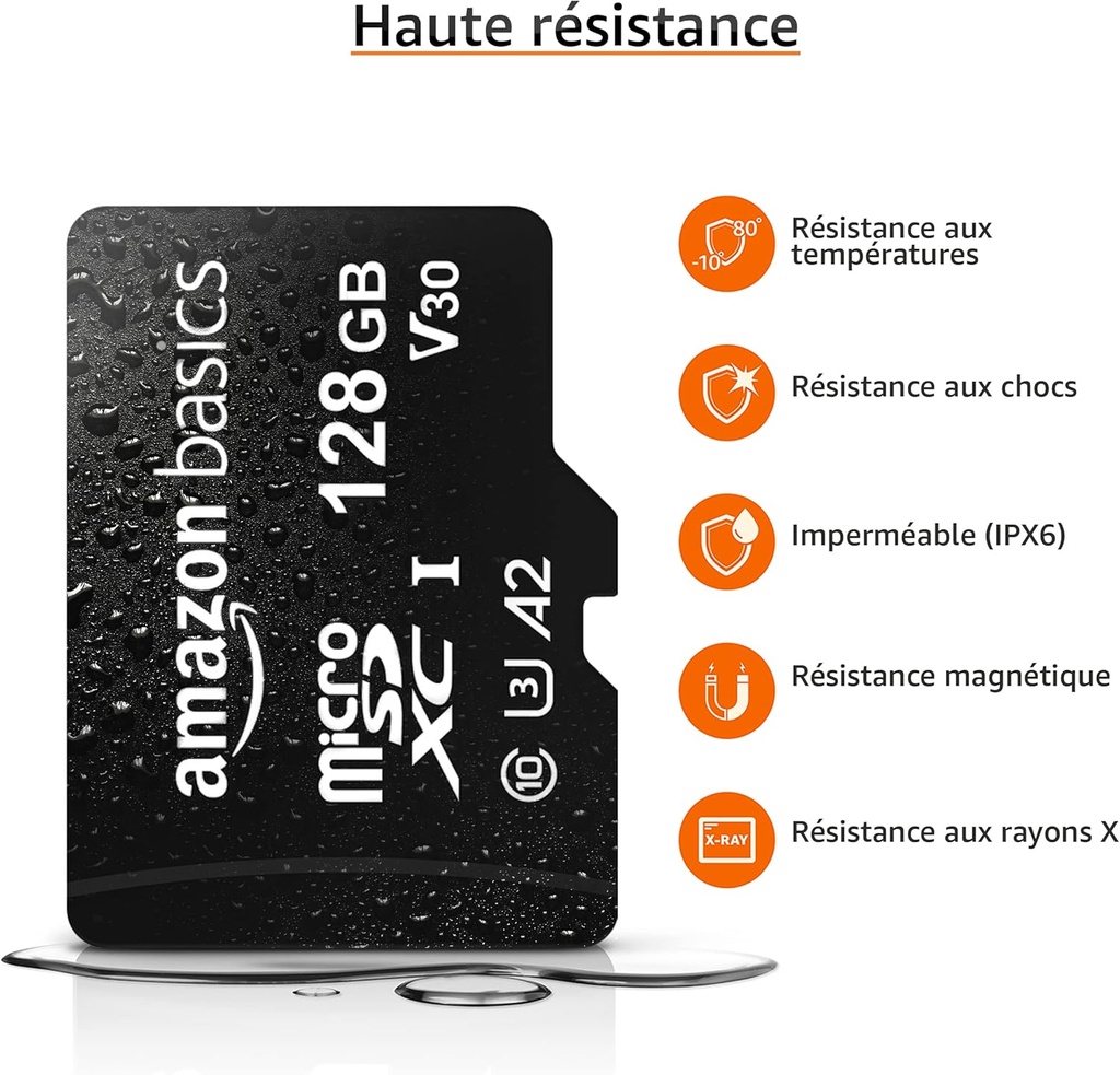 Amazon Basics Carte Mémoire MicroSDXC, 128 GB, avec Adaptateur SD, A2, U3, vitesse de lecture maximale de 100 Mo/s, Noir