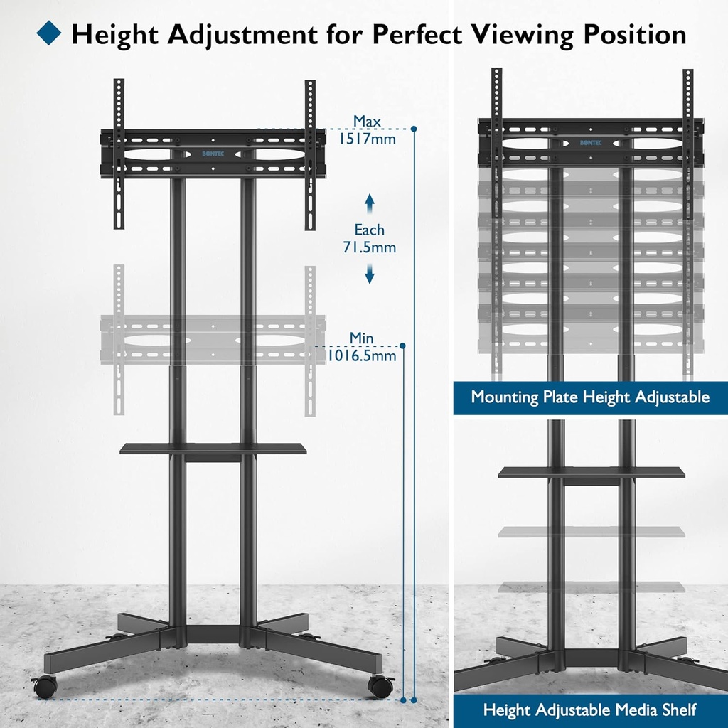 BONTEC Support TV  avec roulettes pour Télévisions de 32 à 85", Pied TV Réglable en Hauteur, Pied Télévision avec Étagère