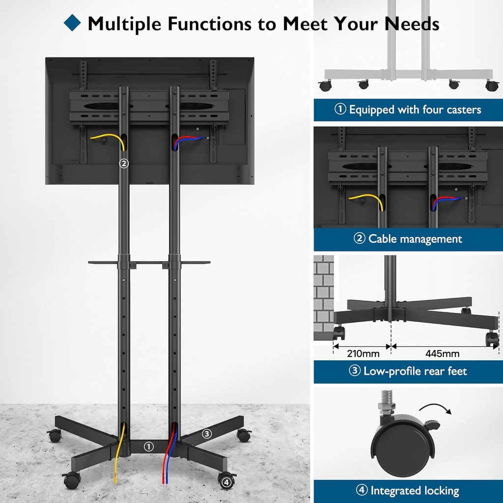 BONTEC Support TV  avec roulettes pour Télévisions de 32 à 85", Pied TV Réglable en Hauteur, Pied Télévision avec Étagère