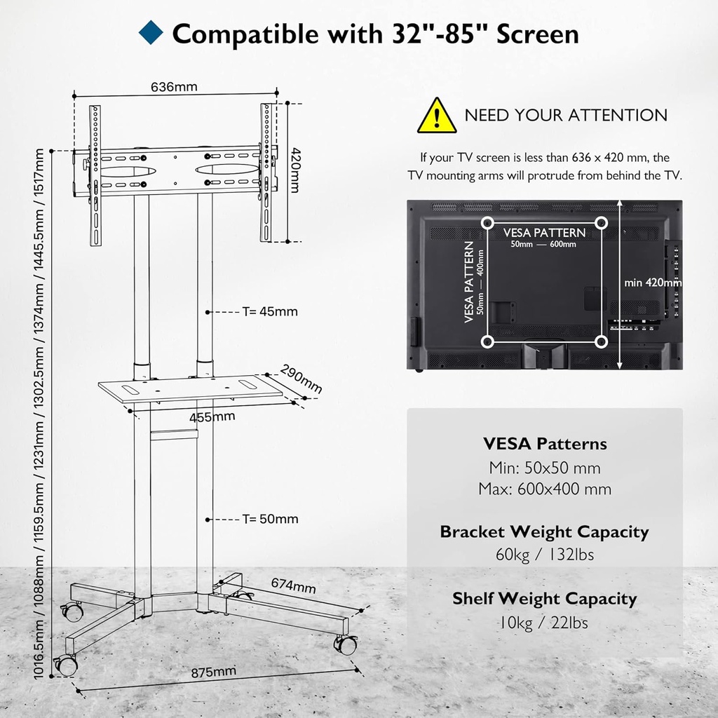 BONTEC Support TV  avec roulettes pour Télévisions de 32 à 85", Pied TV Réglable en Hauteur, Pied Télévision avec Étagère