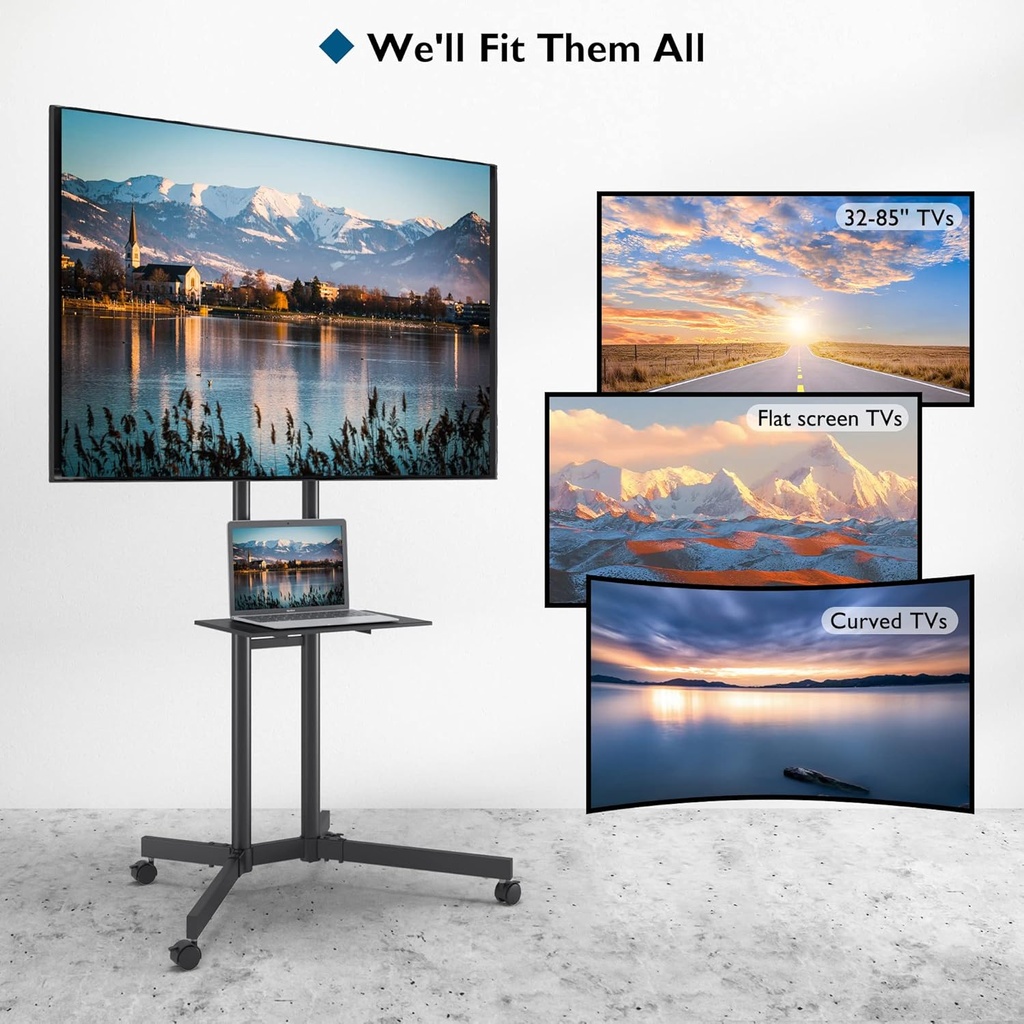 BONTEC Support TV  avec roulettes pour Télévisions de 32 à 85", Pied TV Réglable en Hauteur, Pied Télévision avec Étagère