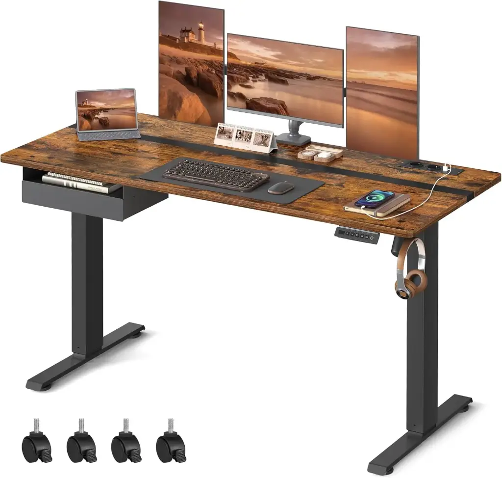 VASAGLE Bureau Électrique Réglable en Hauteur, Bureau Assis- debout, Surface 60 x 140 cm, Réglable en Continu, Fonction Mémoire de 4 Hauteurs, Marron Rustique et Noir 