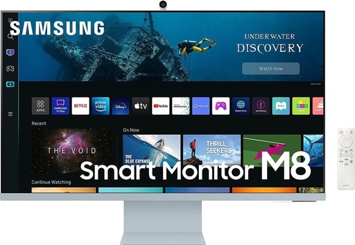 Samsung Smart Monitor M8 32’’  UHD 4K HDR, 60 Hz, Webcam incluse, Écran Pivotant avec Haut-parleurs, Smart TV Apps avec Télécommande