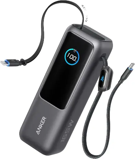 Anker PowerBank pour ordinateurs portables Batterie Externe, chargeur 25000mAh 3 ports USB-C 100W pour plusieurs appareils, câble intégré+ câble rétractable